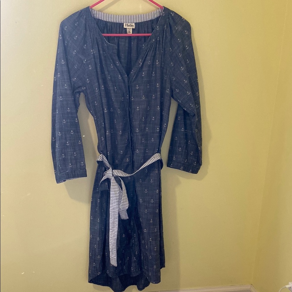 Hatley Navy Blue Anchor Print Long Sleeve Tie-Waist Dress